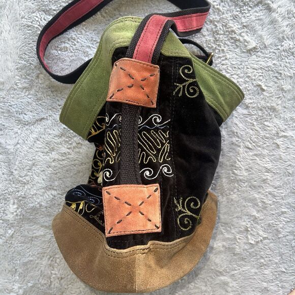 Lucky Brand Vintage Embroidered Flower Boho Bucket Tote Bag Crossbody Cowhide - Picture 5 of 11